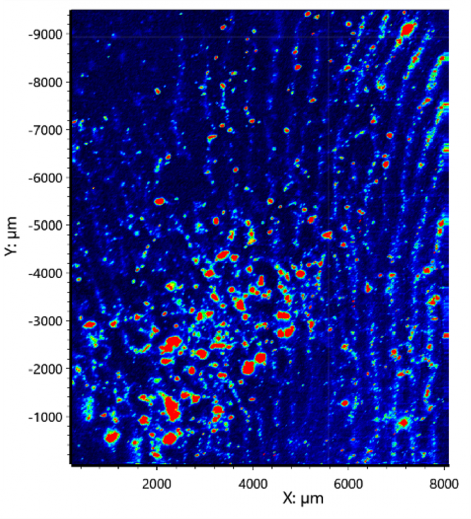 Raman map of traces of paracetamol residue left on aluminium foil. 