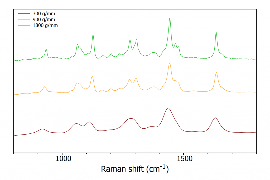 RM5 Raman microscope spectra of nylon-6 with different gratings