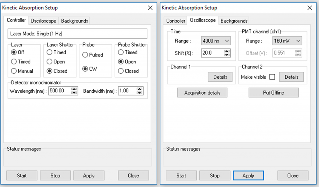 Kinetic absorption Setup settings for probe beam alignment.