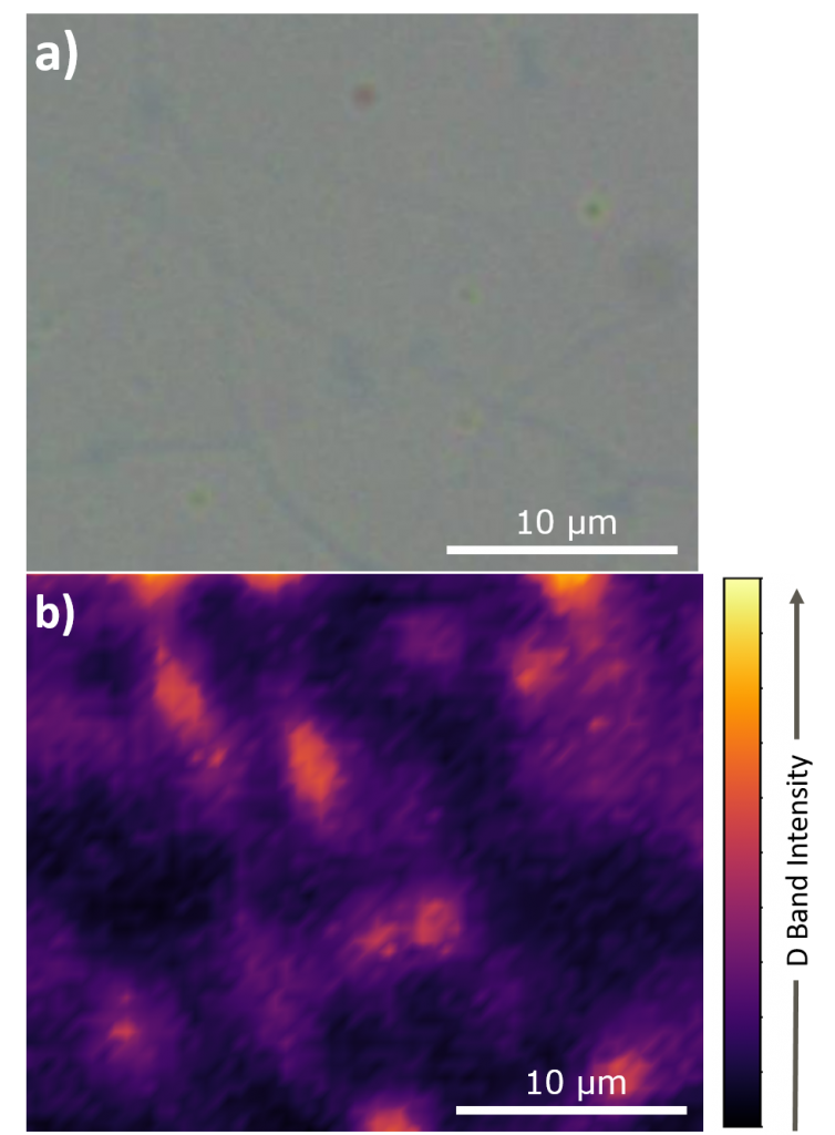 Visible image and Raman map of graphene sample highlighting defects | Raman Graphene