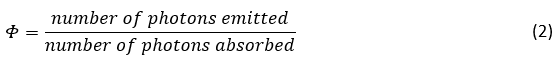 Commonly written quantum yield equation specifically for the emission of light (photoluminescence) by a system: number of photons emitted divided by number of photons absorbed.