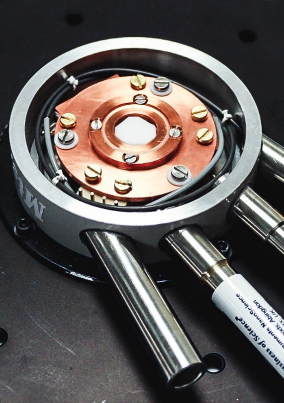 Variable temperature sample holder (top) and side view of Edinburgh Instruments Cryosphere accessory (bottom).