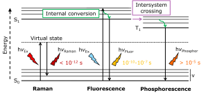 Jablonski diagram showing the energy transitions and relative timeframes of Raman scattering, fluorescence, and phosphorescence. 